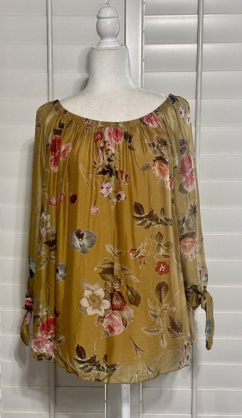 Tempo Paris Women Size L Silk Floral Sheer Lined Blouse Made In Italy Feminine